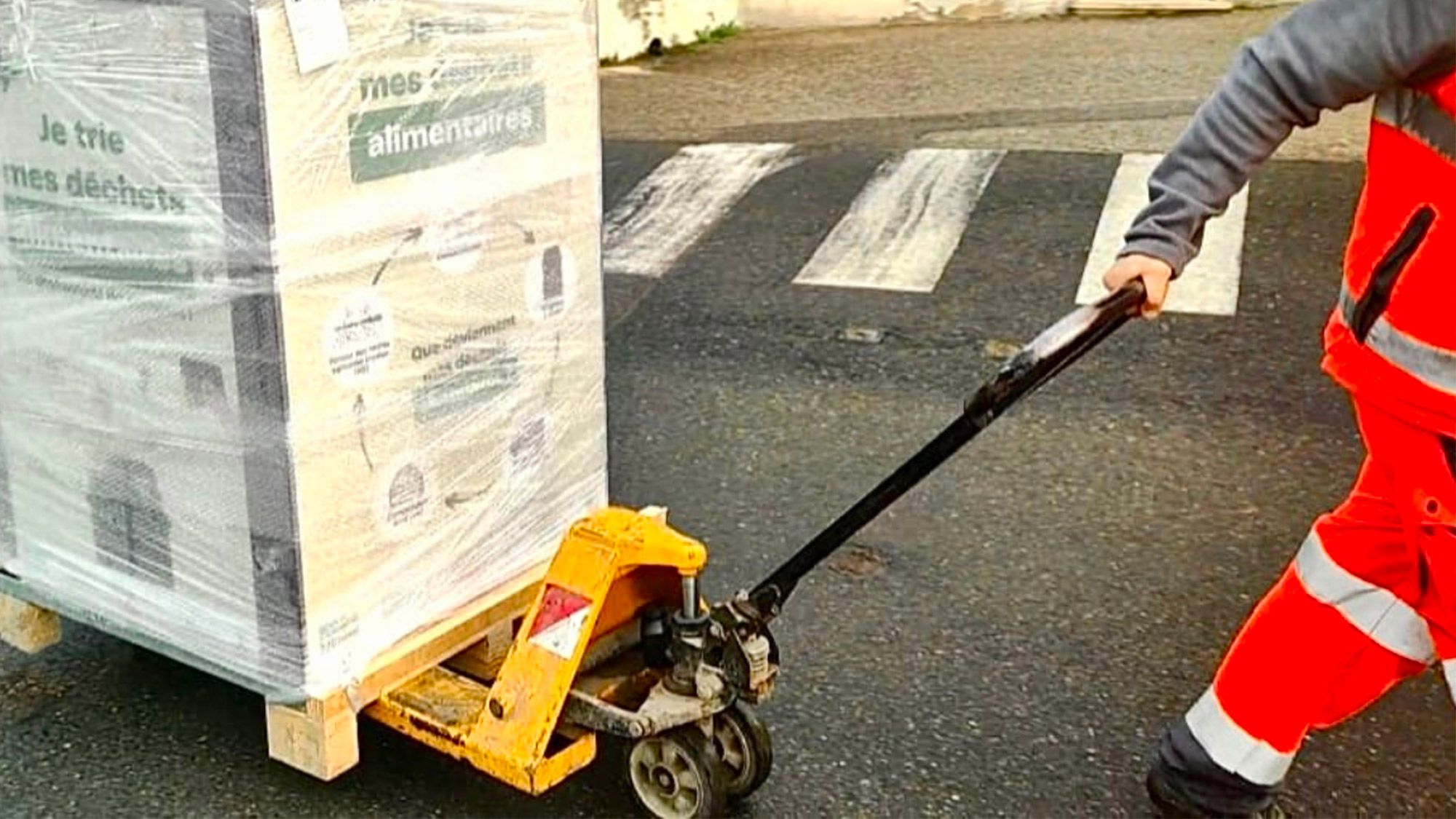 Collecte de bac à biodéchets dans un abri bac